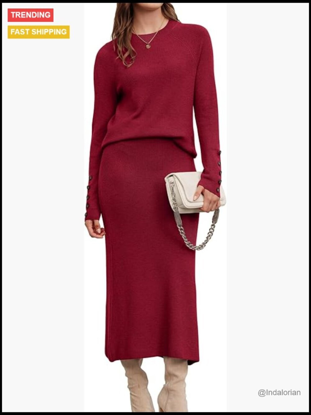 Wool Blend Sweater Top and Midi Skirt Set Long Sleeve